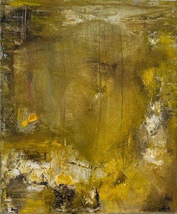 Abstrakt oljemålning ‘Hålighet’ i jordnära toner av gult, brunt och vitt.