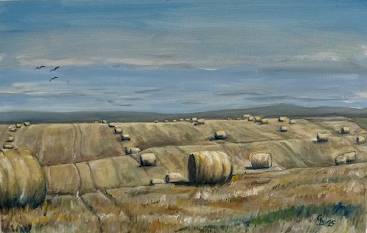 Tavlan ‘Halmbalar’ föreställer ett skördat fält med runda halmbalar under en blå himmel med moln.