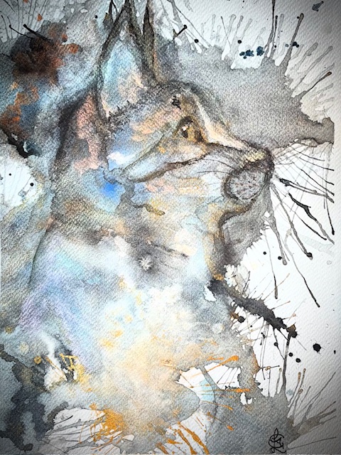 Akvarelltavla i abstrakt stil som visar en kattprofil i mjuka färger med dynamiska färgstänk.