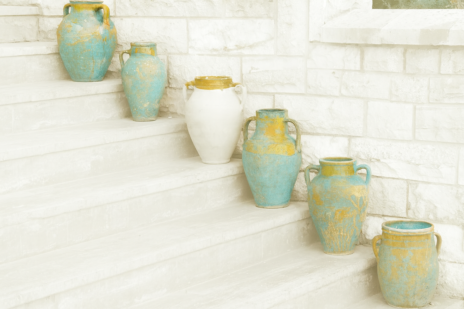 Sex antika keramikkrus i turkos och guld placerade på vita/beiga trappsteg intill en ljus stenvägg.
