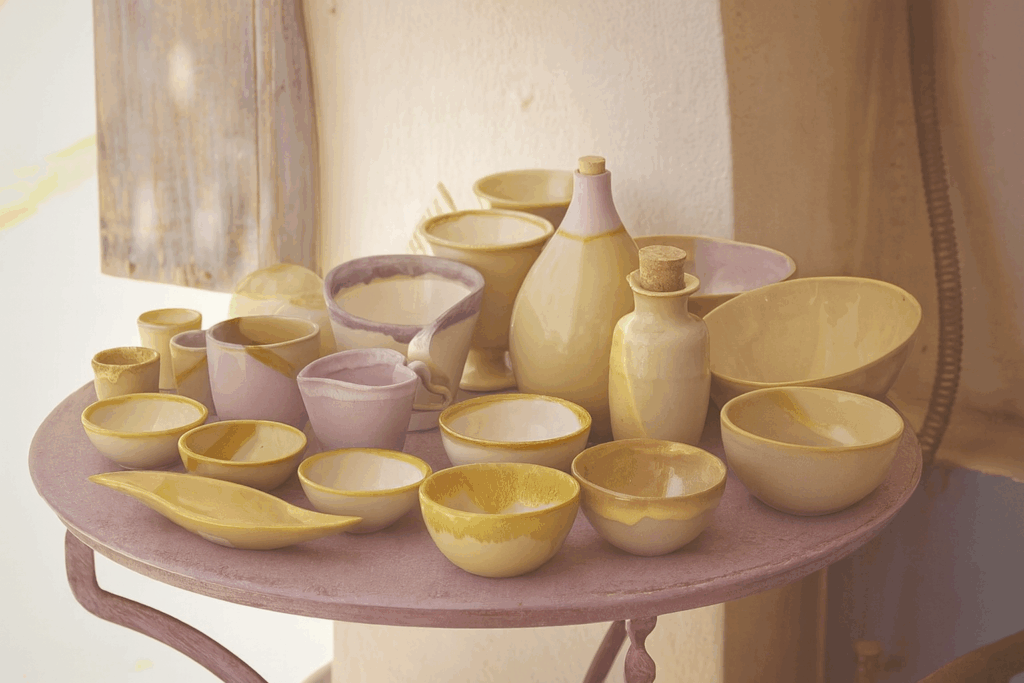 Handgjorda keramikskålar och flaskor i syrenlila, guld och beige/vita toner uppställda på ett bord.