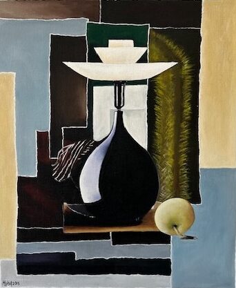 Akrylmålning ‘Svart lampa’ föreställer en svart bordslampa med vit lampskärm, geometrisk bakgrund och ett grönt äpple i förgrunden.